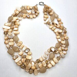 Brown Shell Bead Necklace Shell Bead Chips Three Strand Bib Necklace